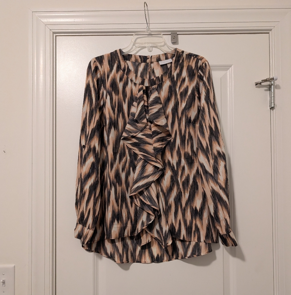 New York & Company Black and Cream Ruffle Blouse